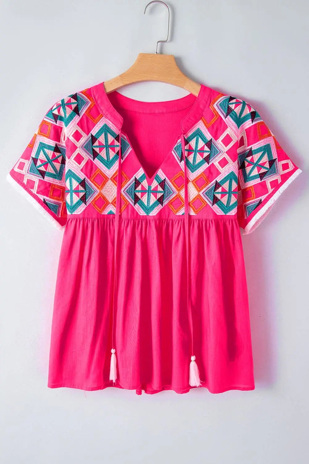 Strawberry Pink Geometric Embroidered Tassel Tie V Neck Blouse - Love Salve